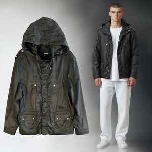 Murano Jacket‎ Mens XL Black Hooded Full Zip Snap Storm Flap Pockets Epaulets